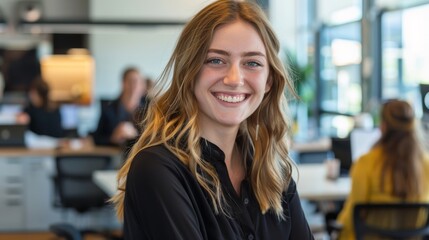 Fototapeta premium Happy Businesswoman Surrounded by Colleagues at Office Generative AI