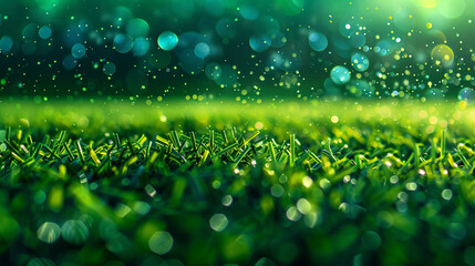 Soccer field with vibrant green particles swirling against a blurred backdrop, reflecting the energy and excitement of a soccer match in progress. - obrazy, fototapety, plakaty