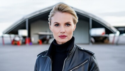 Fototapeta premium A portrait of a blonde female pilot wearing a stylish flight jacket standing in front of an aircraft hanger with bokeh background. Woman smiling looking at camera. Empowering women in industry