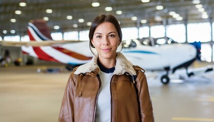 A portrait of a young female student pilot wearing a stylish flight jacket standing in front of an aircraft hanger with bokeh background. Woman smiling looking at camera. Empowering women in industry