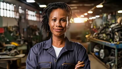Portrait of black female mechanic smiling and looking at camera with soft bokeh garage workshop background. Empowering women in industry. Hobby, work, student or apprentice