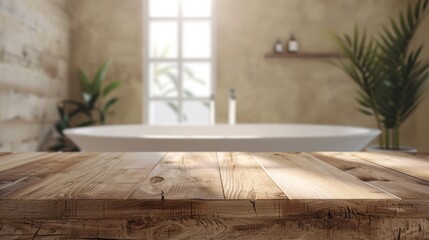 Wooden table near bathtub