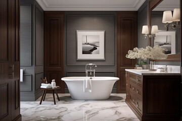 A bathroom in the transitional style that expertly combines parts of the old and new.