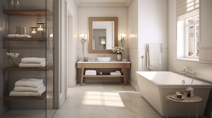 A bathroom in the transitional style that expertly combines parts of the old and new.