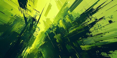Contemporary abstract with neon green and black in a digital glitch art style.