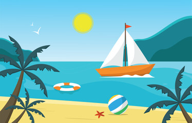 Fototapeta na wymiar Summer beach holiday at sea. Recreation equipment. Vector illustration.