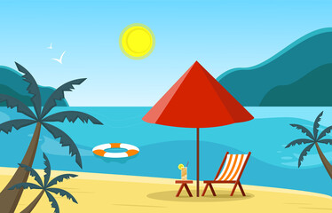 Summer beach holiday at sea. Recreation equipment. Vector illustration.