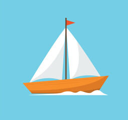 Holidays at sea. A boat with sails floating on the waves. Vector illustration.