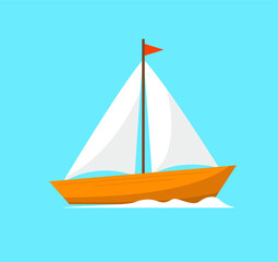 Holidays at sea. A boat with sails floating on the waves. Vector illustration.