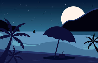 Fototapeta na wymiar Summer beach holiday at sea at night. Recreation equipment. Vector illustration.