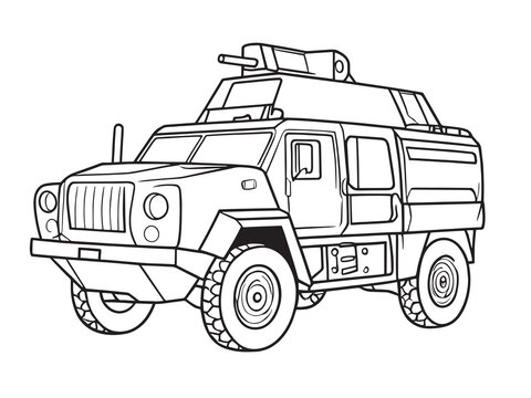 recommend clip art: Army vehicles and Military vehicles Coloring book page: black vector outlines isolated on a white background
                    