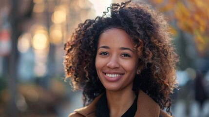 Happy woman, picture, and freely roaming London streets with a smile. Photo of young black student with natural afro hair, beauty, and fashion on holiday walk.