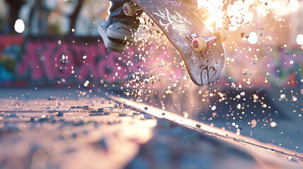 Skate park with bold graffiti-inspired particles dancing amidst a blurred background, embodying the creativity and freedom of skateboarding culture.