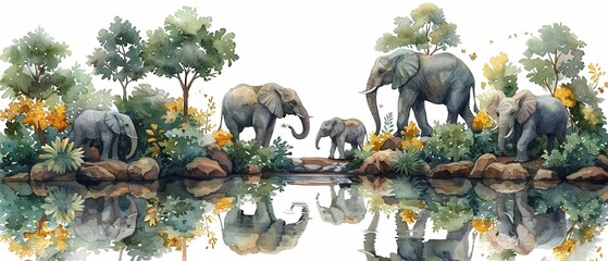 A family of elephants bathing in a serene watering hole.watercolor storybook illustration