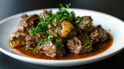 Fototapeta premium Savory georgian chakapuli stew with tender lamb, fresh herbs, and tangy plums served in a white dish on a dark table