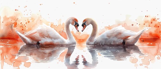 A pair of affectionate swans gliding across a tranquil lake.watercolor storybook illustration