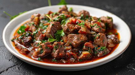 Fototapeta premium Georgian-style stewed meat dish with fresh parsley and herbs, presented on a white plate against a dark backdrop