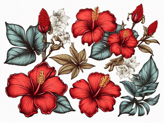 Vector vintage set of red tropical flowers and leaves isolated on white Hand drawn color botanical illustration of hibiscus in engraving style Sketches of natural elements for floral design