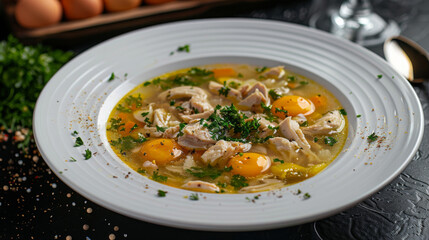 Savory georgian chicken soup with fresh herbs and quail eggs, presented in a white bowl against a dark backdrop