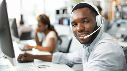 Businessman, call center, typing for client support and guidance in workspace. Professional agent, African consultant, or web advisor for laptop contact, FAQ, and help.