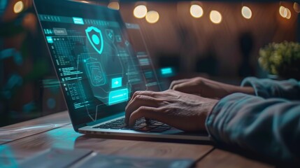 Hands, laptop programmer, hologram for login, cyber security code and software. IT, keyboard, developer, cloud computing, lock overlay or cryptography for data security, and closeup