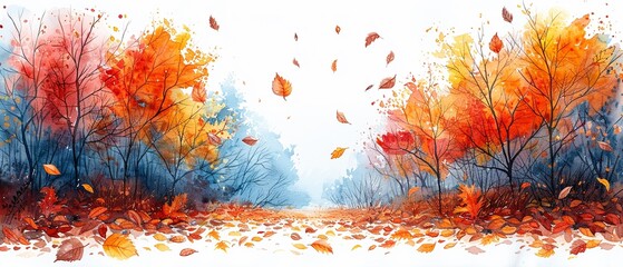 A collection of colorful autumn leaves scattered on a forest floor.watercolor storybook illustration