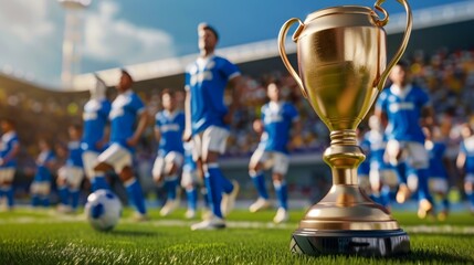 Outdoor soccer team, trophy, and competition for winning challenge, teamwork, or event. Football...