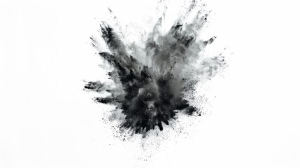 Captivating high-speed capture of a black powder explosion, showcasing abstract dust patterns on a clean white backdrop