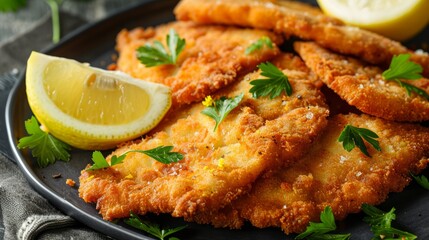 Close-up of Cotoletta alla Milanese on a plate, crisply fried, accompanied by fresh lemon wedges and parsley garnish, high-resolution image