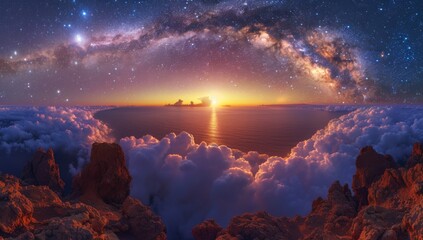 Celestial Majesty: Capturing the Serene Cloudscape Beneath the Starry Galaxy - obrazy, fototapety, plakaty