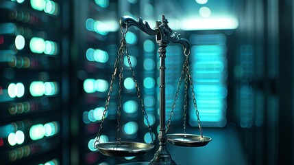 Close-up of law scales against the backdrop of a data center, symbolizing the digital law concept and the duality of the judiciary