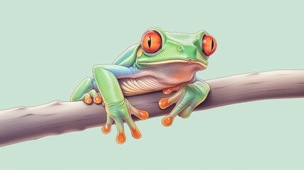 Naklejka premium Close-up portrayal of a red-eyed tree frog in a watercolor style, emphasizing its bright eyes and graceful pose on a green stalk, water color, drawing style, isolated clear background