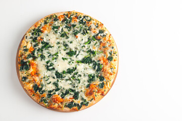 Vegetarian pizza with spinach, arugula, pesto, cheese and parmesan. Italian cuisine. 