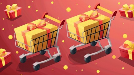 Obraz premium Two shopping carts full of gifts on a red background.