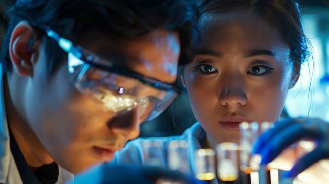 Scientists, doctors, and lab petri dishes for plant study. Botanist, plants, and scientists, man and woman evaluating leaf samples for growth, food farming, or gmo.