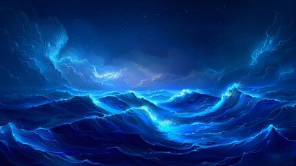 Dark blue oceanic waves abstract, blending into a stormy night sky