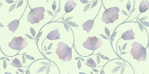 Abstract watercolor floral pattern on a gentle yellow background, seamless ornament for bright packaging design, textile, wallpaper, postcard