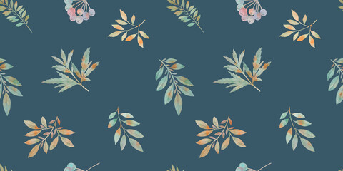 seamless botanical pattern, colorful watercolor leaves on a blue background