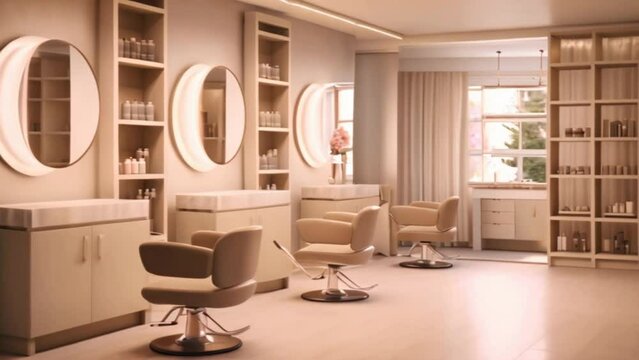 Interior of Beige salon interior with chairs in row and cosmetics on shelf, Mirrors, Hairdressing and beauty salon.