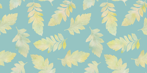 Abstract botanical pattern, colorful watercolor leaves, seamless background