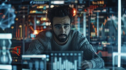 Obraz premium Nighttime businessman, digital interface, and analytics trading for stock market research, strategy, and marketing. Male trader with futuristic data statistics or analysis UI, UX, or display.