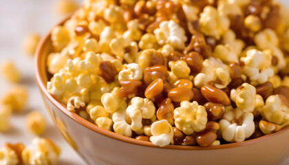 A close-up of a bowl of caramel popcorn with a caramel drizzle on top