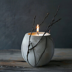 Create a candle using branches of feathers, concrete in a minimalist style