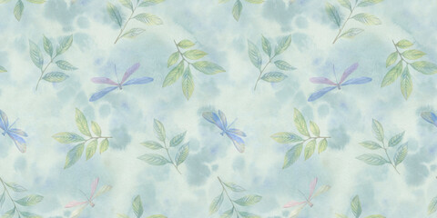  The design includes dragonflies and leaves in shades of blue, green, and white. The pattern is seamless and repeating, making it suitable for use as wallpaper or fabric. 