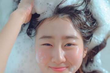 Korean girl smiling and washing her hair, a lot of foam on her hair 