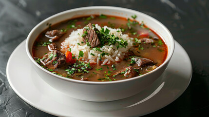 Savory georgian kharcho soup with tender beef, rice, fresh herbs, and spices, served in a white bowl on dark background