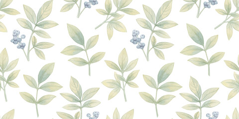 seamless botanical background of leaves, hand-drawn watercolor pattern, abstract illustration for wallpaper and packaging design, leaves on branches collected in an endless ornament