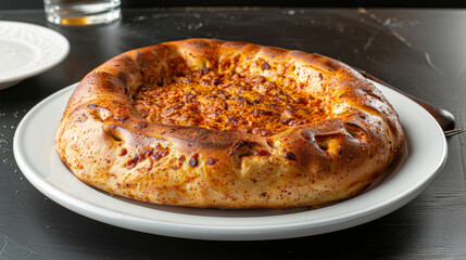 Freshly baked georgian khachapuri, a cheesy bread, presented on a white plate against a dark background, exemplifying authentic caucasian cuisine