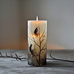 Create a candle using branches of epoxy resin feathers in a minimalist style
