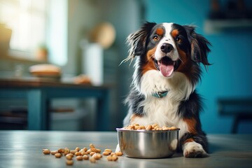 Happy dog with a bowl of food at home. Healthy and balanced nutrition for your pets.